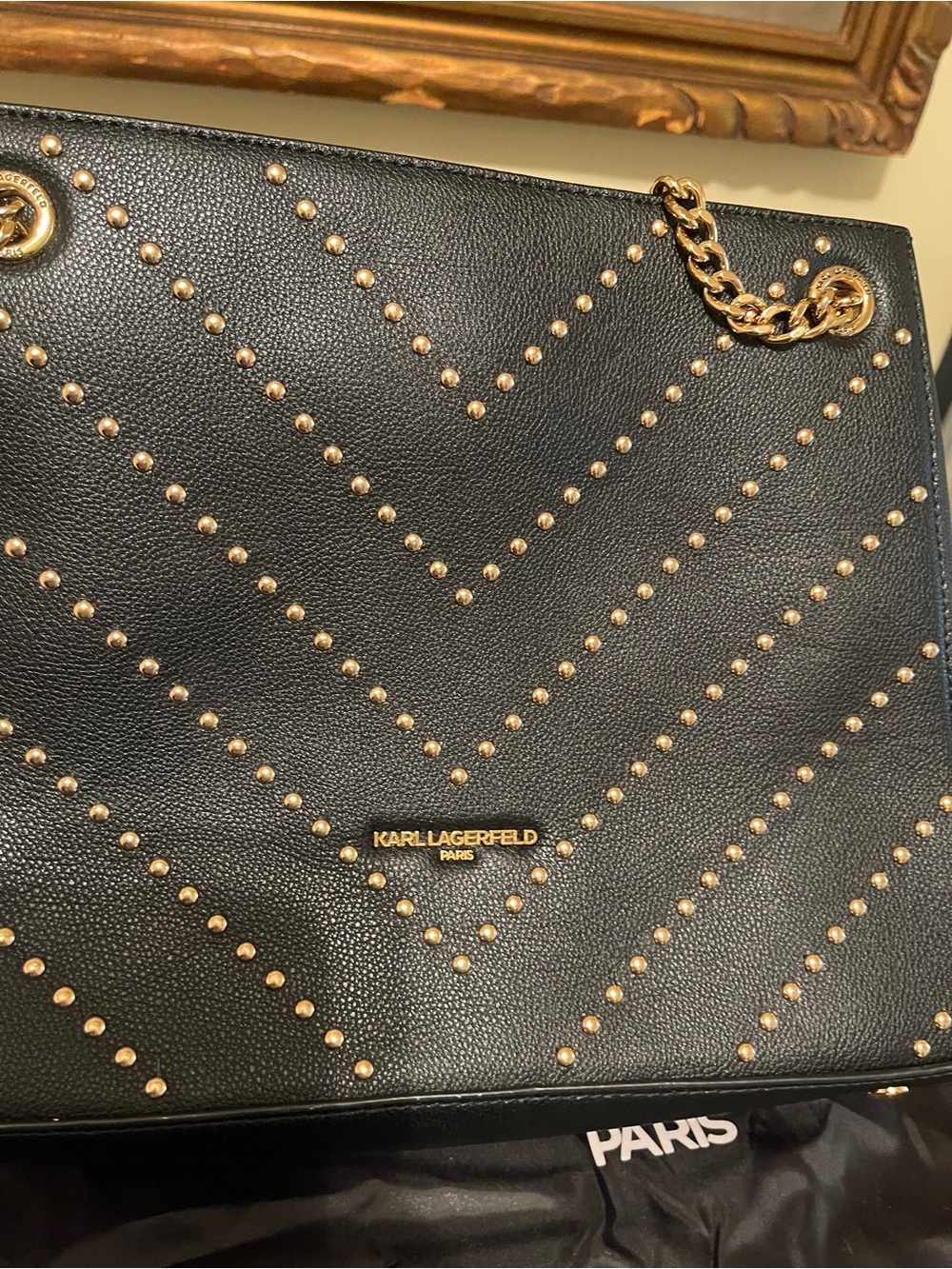Karl Lagerfeld Black Leather Tote with Gold Stud Chevron & Chain Straps - Picture 11 of 14